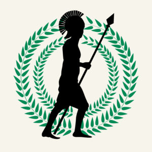 A silhouette of a Greek soldier on a laurel wreath